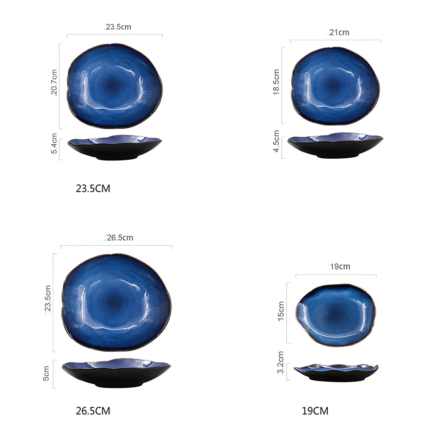 Deep blue irregular ceramic flat plate, 20.5cm diameter with kiln glaze, smooth surface for easy cleaning