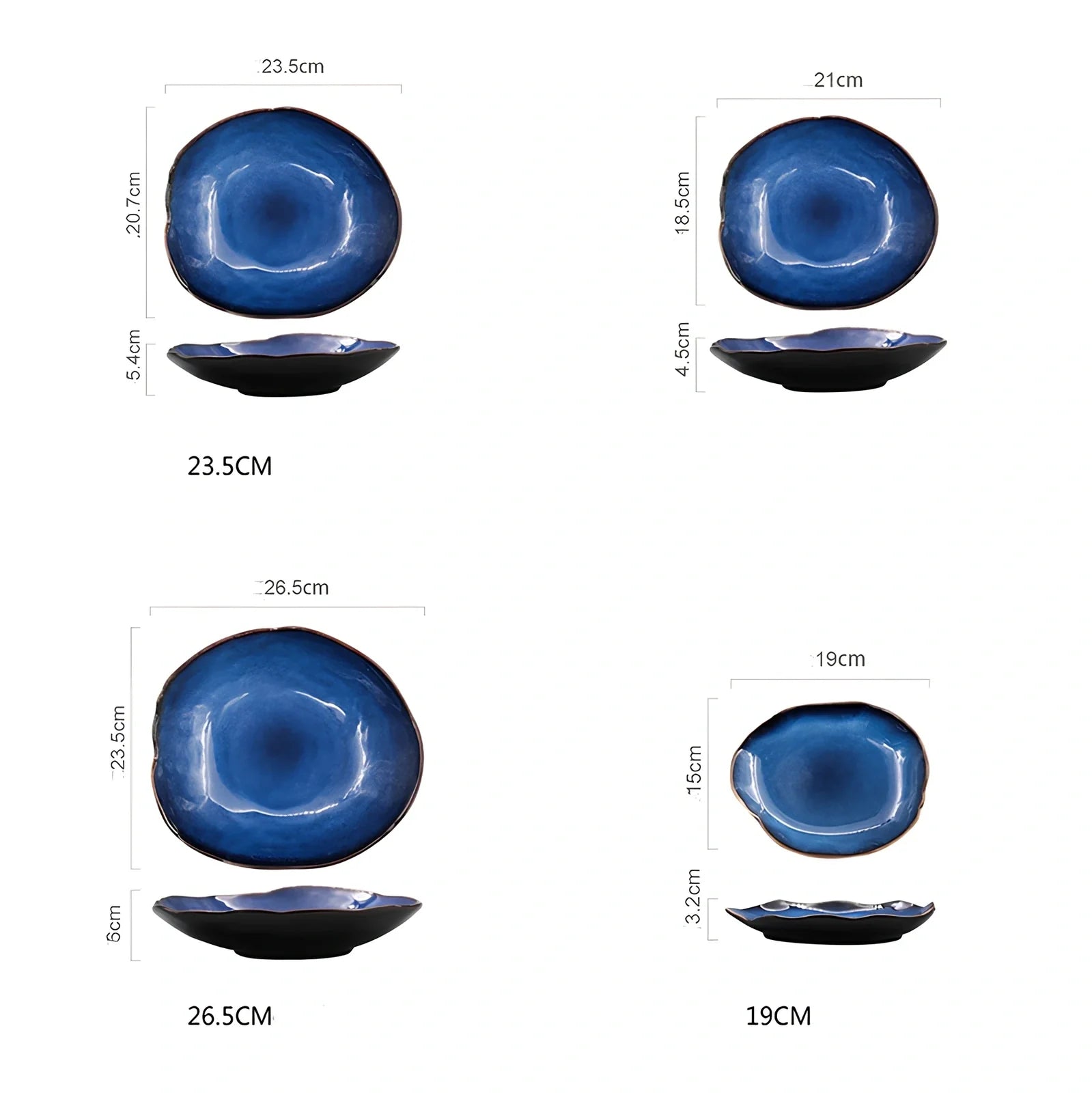 Deep blue irregular ceramic flat plate, 20.5cm diameter with kiln glaze, smooth surface for easy cleaning