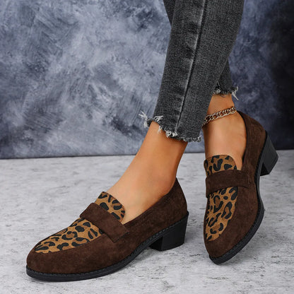 Leopard print slip-on suede pumps with a chunky mid-heel and pointed toe in brown