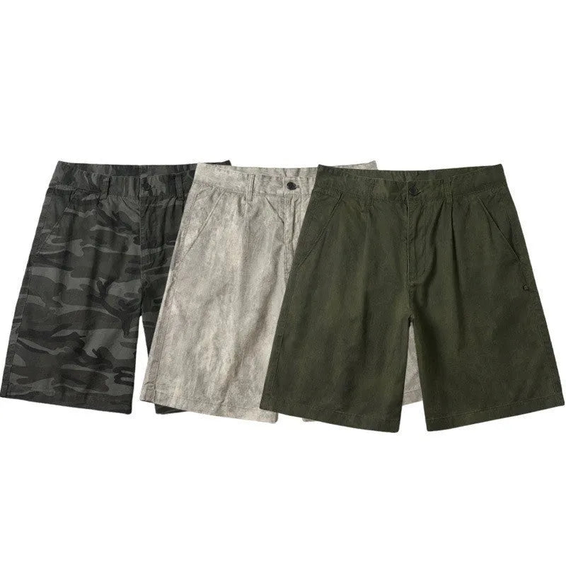Men's casual shorts in cotton-spandex blend, straight loose fit, mid waist, button fly, available in green grey camo sizes S-3XL