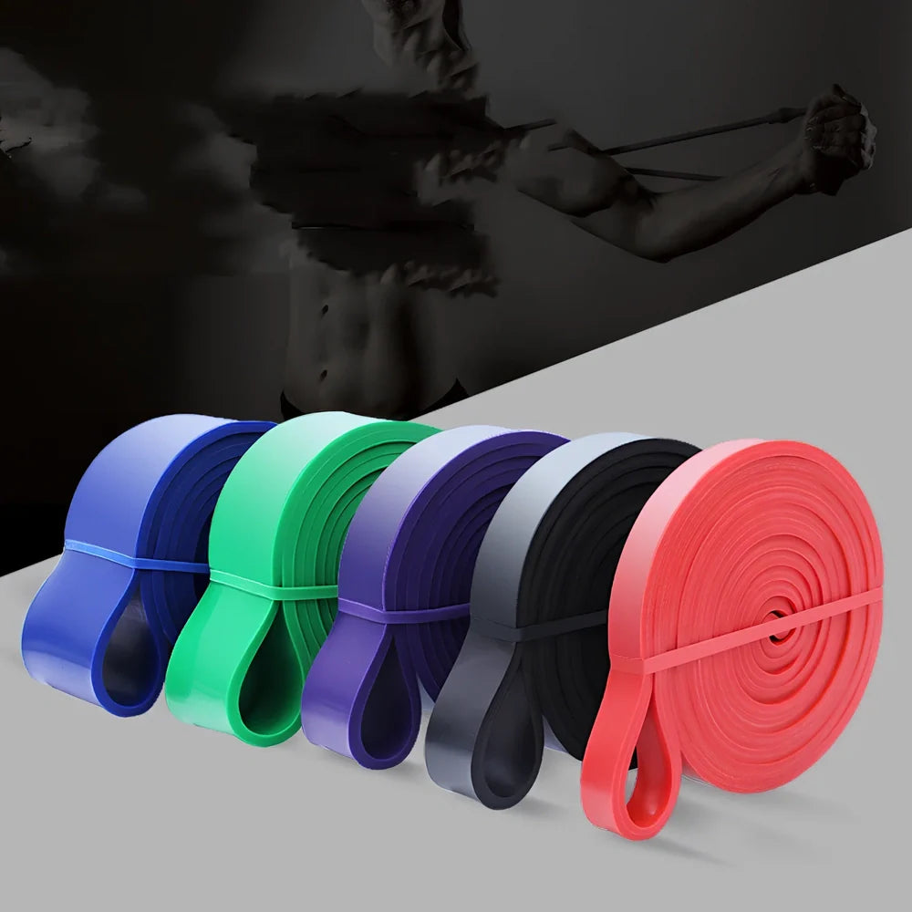 Fashion fitness stretch resistance band showing 2080mm length and multiple width options from 12mm to 45mm