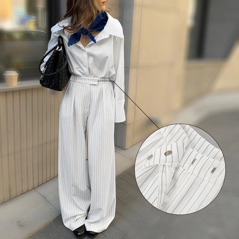 Women's Loose Casual Wide-leg Trousers with Striped Design and Zip Detail in White Polyester Fabric for Commuting and Temperament Style, Available in Sizes S, M, L