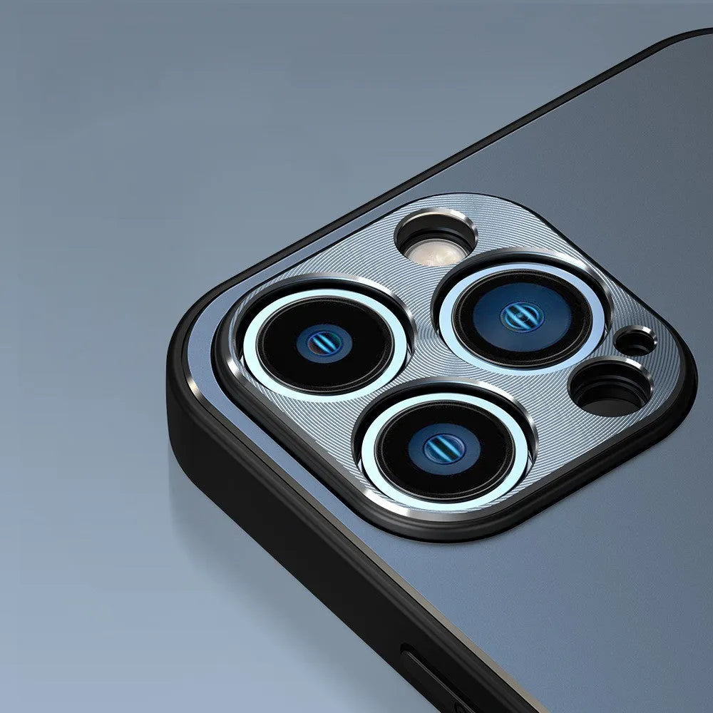 Metal frosted iPhone case with aluminium alloy and TPU back cover, shown in Black, Blue, Rose Gold and Silver.