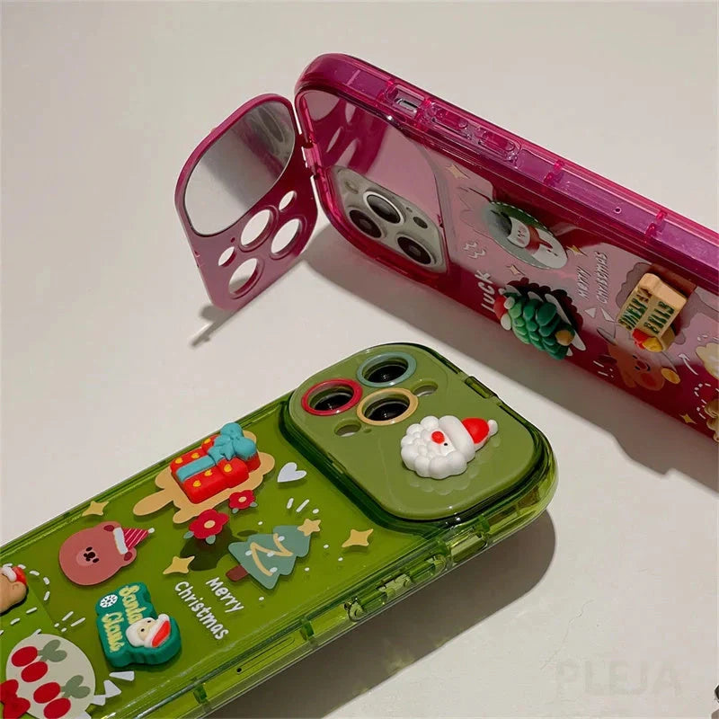 Festive Christmas Santa Claus Elk Hat Pendant Flip Phone Case for iPhone in rose red and green