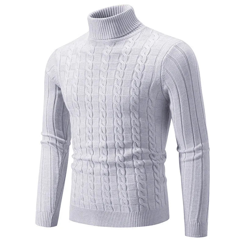 Man wearing a milky white slim fit chenille turtleneck pullover with a twist detail.