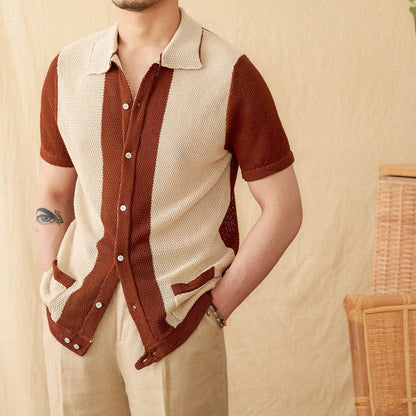Beige cotton linen blend short-sleeved cardigan with lapel collar shown on hanger
