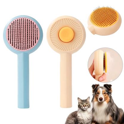 Blue and yellow pet grooming brush with self-cleaning button and angled metal pins for deshedding cats and dogs