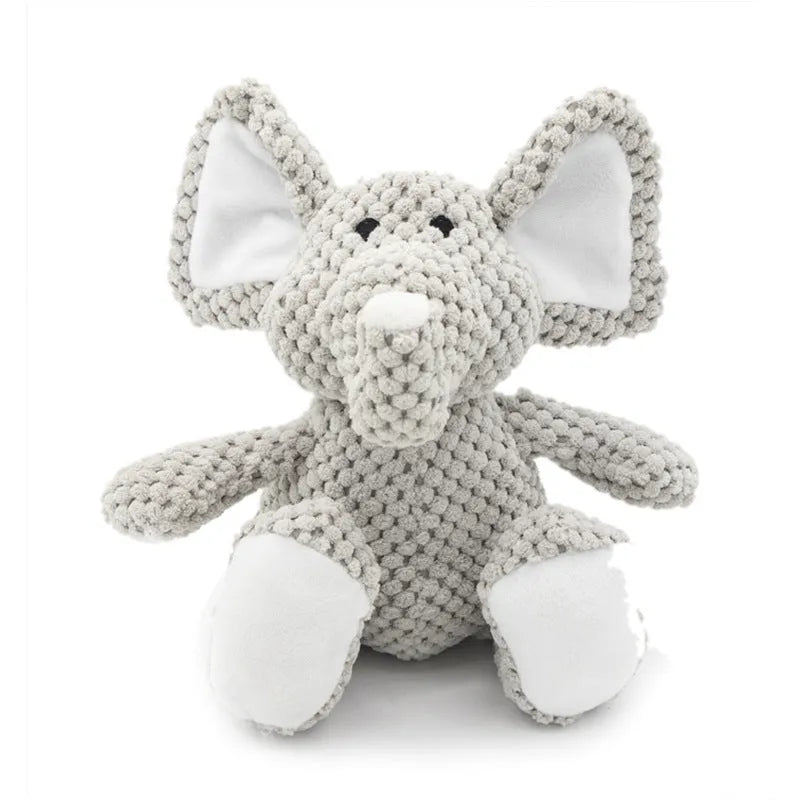 Plush dog squeaky chew toy in animal shape options: donkey, elephant, orangutan, or rabbit.