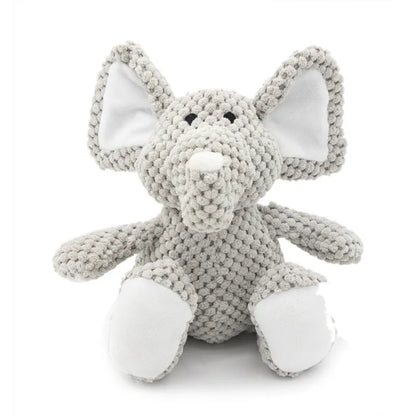 Plush dog squeaky chew toy in animal shape options: donkey, elephant, orangutan, or rabbit.