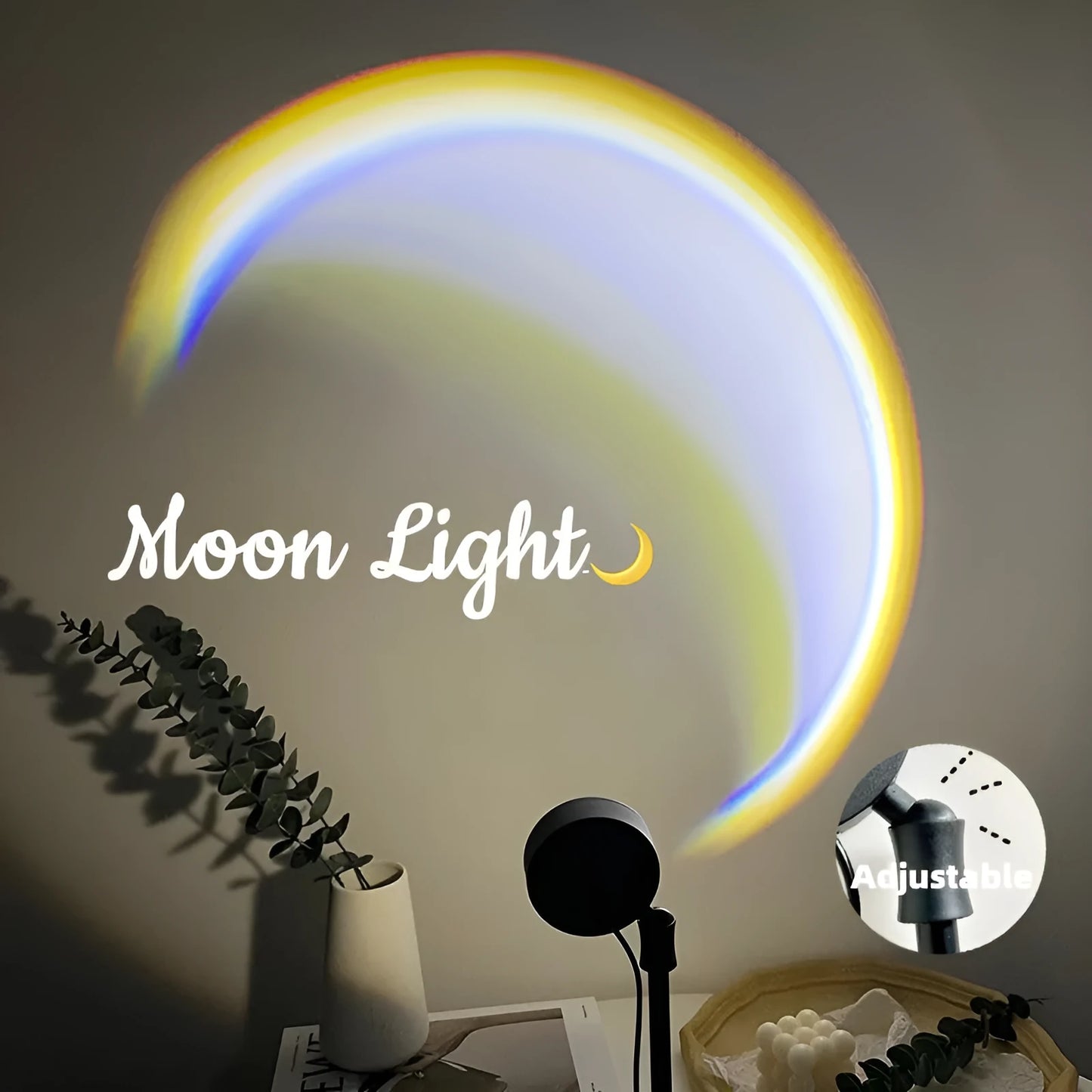 INS USB moon lamp projector with Scandinavian design showing 360° rotation and atmospheric lighting projection