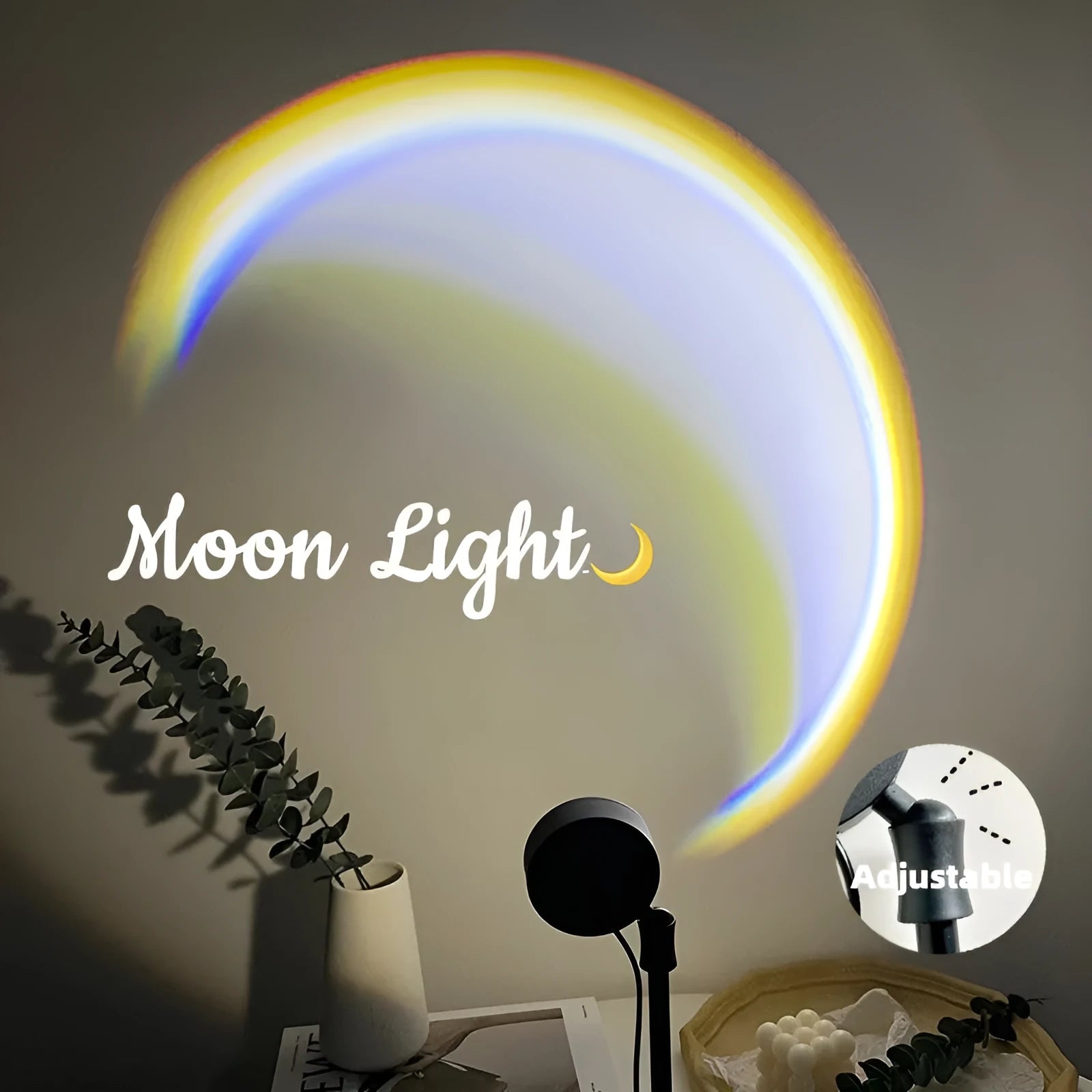 INS USB moon lamp projector with Scandinavian design showing 360° rotation and atmospheric lighting projection