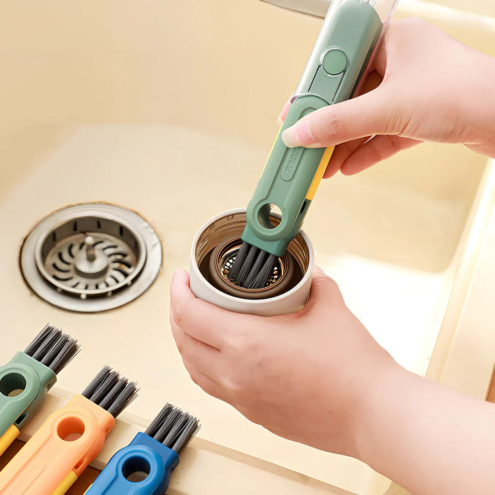 Five detachable cup brushes in blue, green, orange with 32cm handle and storage case