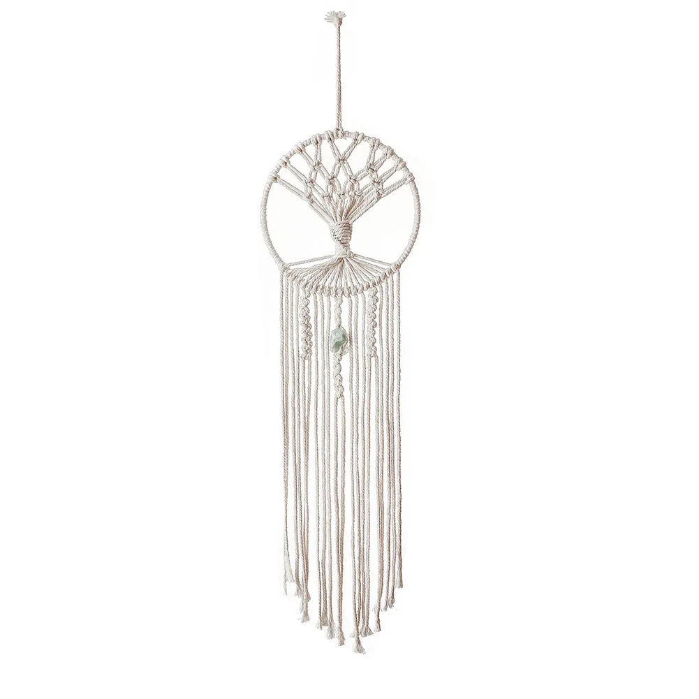 Handmade rectangular dream catcher tree tapestry woven from cotton rope, 73 cm long.