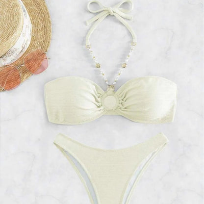 Women's halter beach bikini in solid colour with briefs, polyester spandex construction