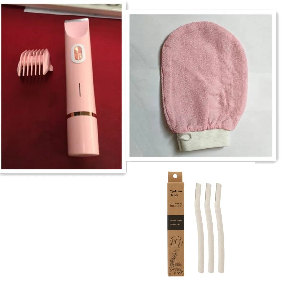 Pink electric shaver with double head, USB cable, and brush for women's body grooming