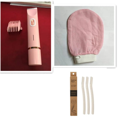 Pink electric shaver with double head, USB cable, and brush for women's body grooming