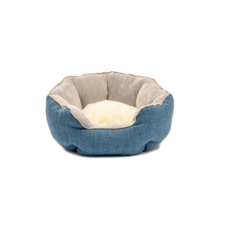 Octagonal fabric pet bed for small dogs and cats with a removable centre mat