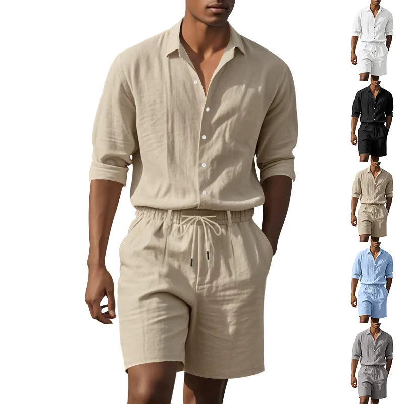 Linen long sleeve shirt and shorts casual suit set shown in available colours: white, black, khaki, light blue, gray.