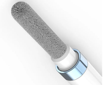 Blue headphone cleaning pen with metal tip, brush, and flocking sponge for electronics