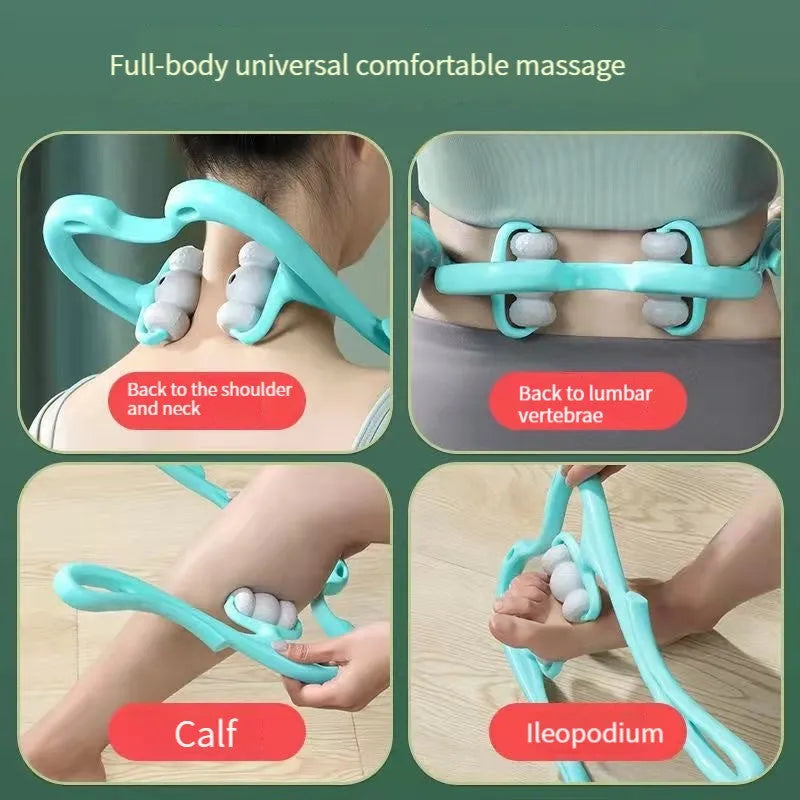 Blue handheld neck massager roller with 96 pressure nodes on a white background.