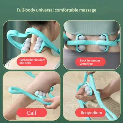 Blue handheld neck massager roller with 96 pressure nodes on a white background.