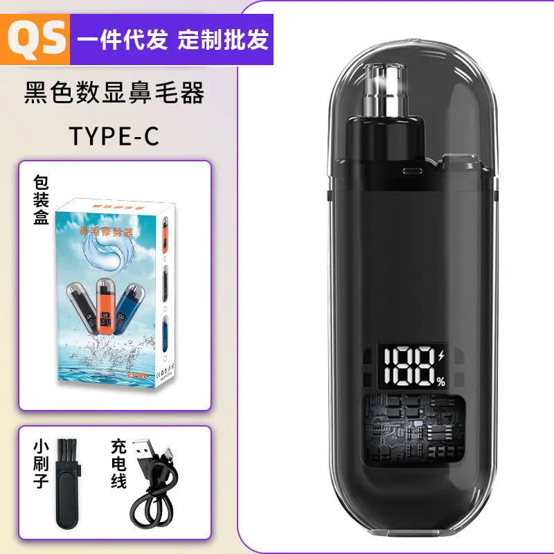 Rechargeable nose hair trimmer with digital display, cleaning brush, and USB charger