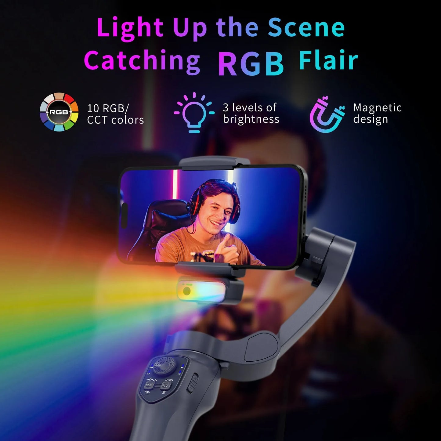 RK Series foldable handheld camera stabiliser gimbal with AI-RGB lighting in gun metal colour.