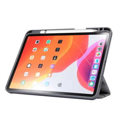 Tri-fold iPad case with marbling design showing pen slot and available in dark gray, creamy-white, purple, blue, and pink colours