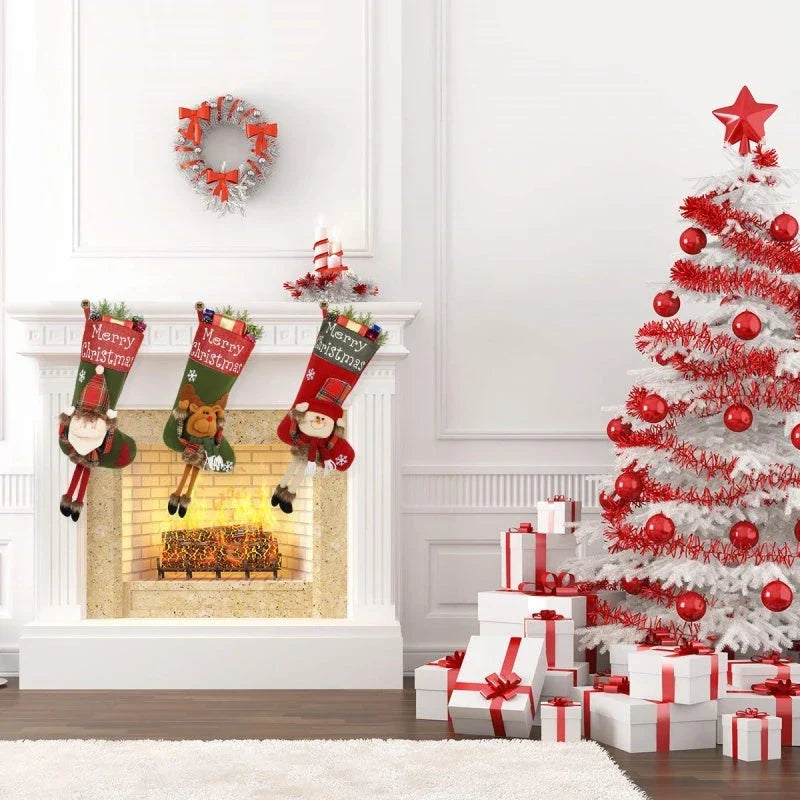 Cozy Christmas stockings with 3D appliqué designs of Santa, Snowman, and Reindeer characters
