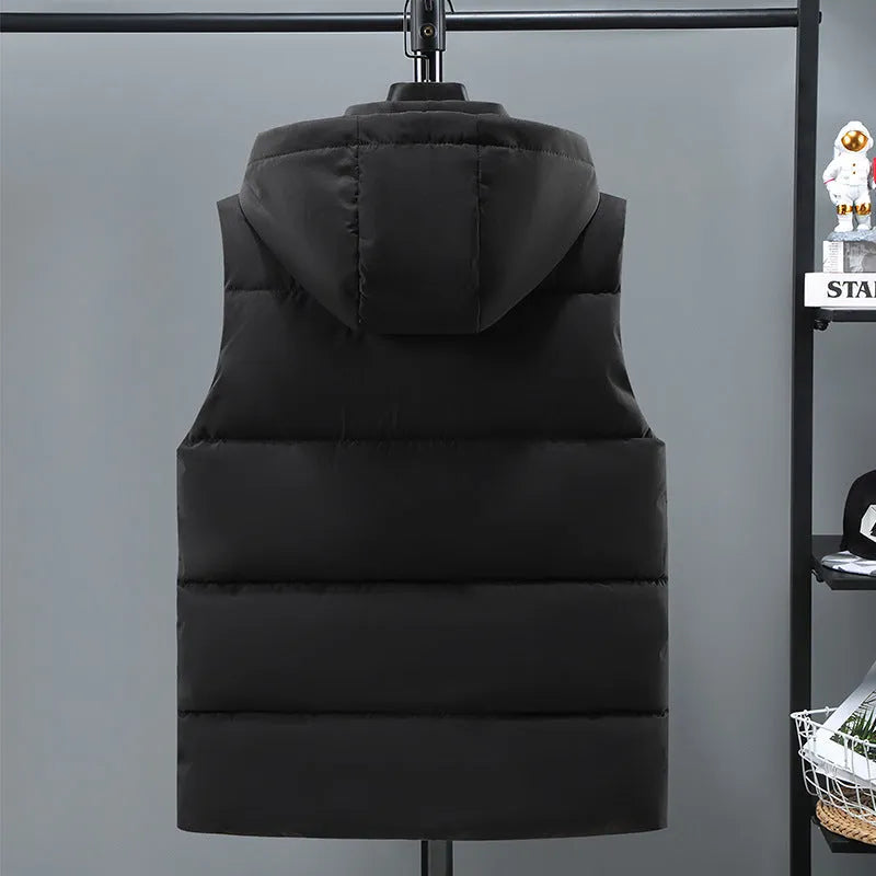 Men's solid colour thickened vest with removable cap in black or blue options
