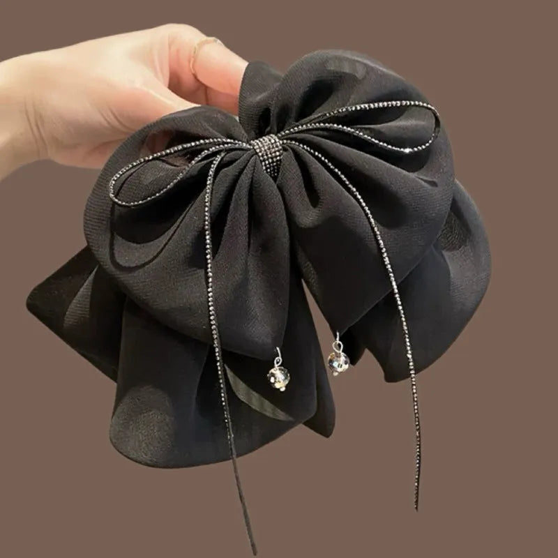Korean style black chiffon bow claw hair clip with diamond tassel decorative elements