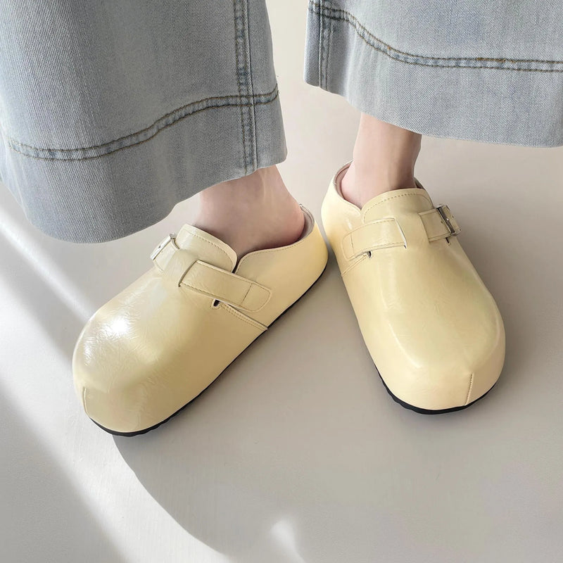 Flat Buckle Casual Sneakers Round Toe PU Upper Lightweight Student All-matching Commuting Slippers available in yellow, creamy-white, silver, and black colours with buckle fastening for easy wear