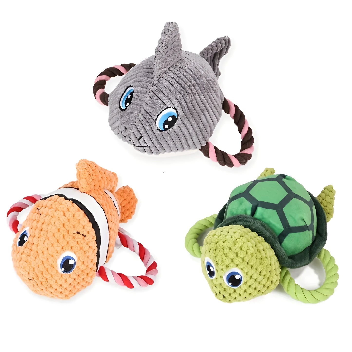 Grey turtle-shaped plush dog toy with a knotted rope chew core visible.