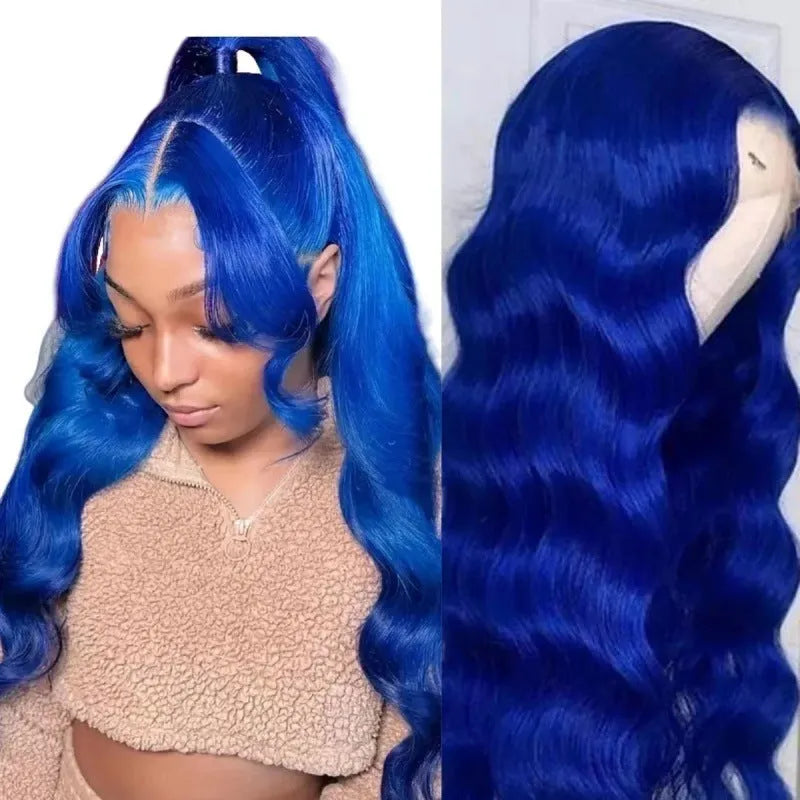 Dark blue long curly synthetic wig with big waves on a wig stand, showing middle parting.