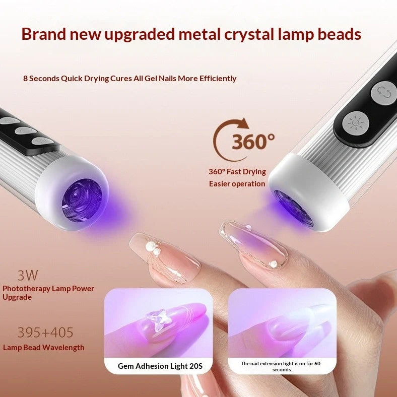 Blush pink electric nail grinder with LED light and six attachment heads on white background