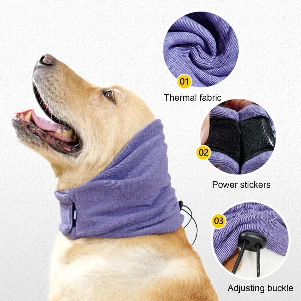 Soft polyester dog head cover for noise reduction and mealtime use in black or purple.