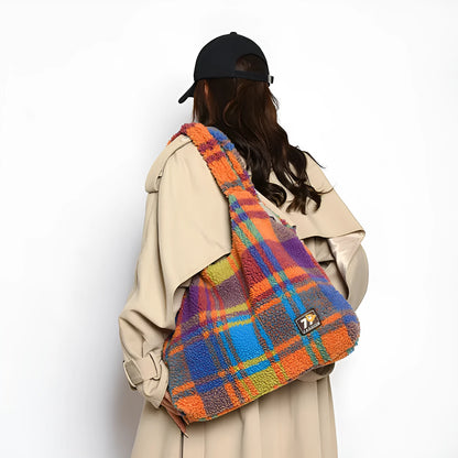 Women's plaid shoulder crossbody tote bag in army green with 40x44x9cm dimensions and zipper changing bag interior
