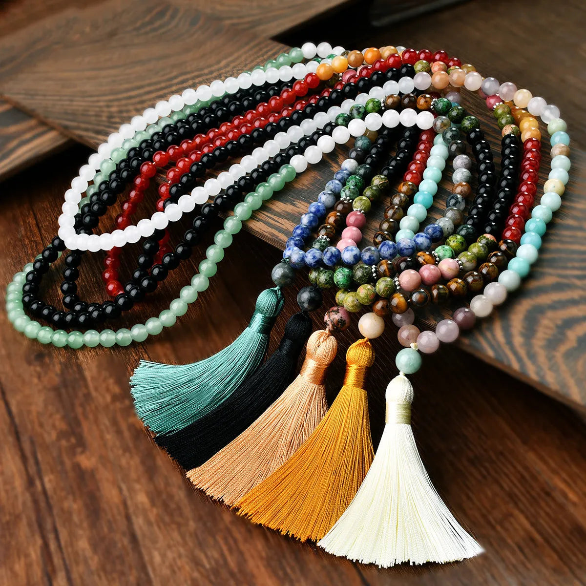 Handmade long necklace with geometric gemstone pendant and tassel on a ball bead chain