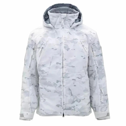 Thick cotton winter jacket shown in camouflage colour on a hanger.