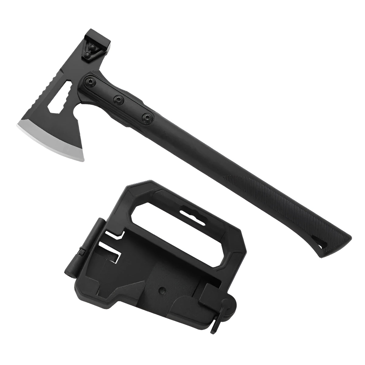 Stainless steel camping axe with ABS handle showing 40cm length
