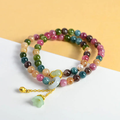 Natural chalcedony double circle bracelet with geometric design and 6-6.5mm beads