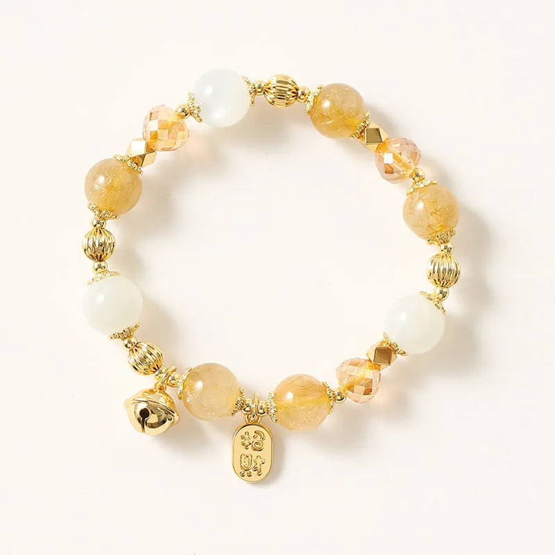 Gold bracelet with rutilated quartz crystal charm, Korean style electroplated jewellery accessory, Lucky Fortune colour, single piece, for women's wristwear and casual fashion