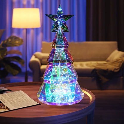 Colourful cartoon-style LED Christmas tree light on a table, showing its 20cm height and PET plastic construction.