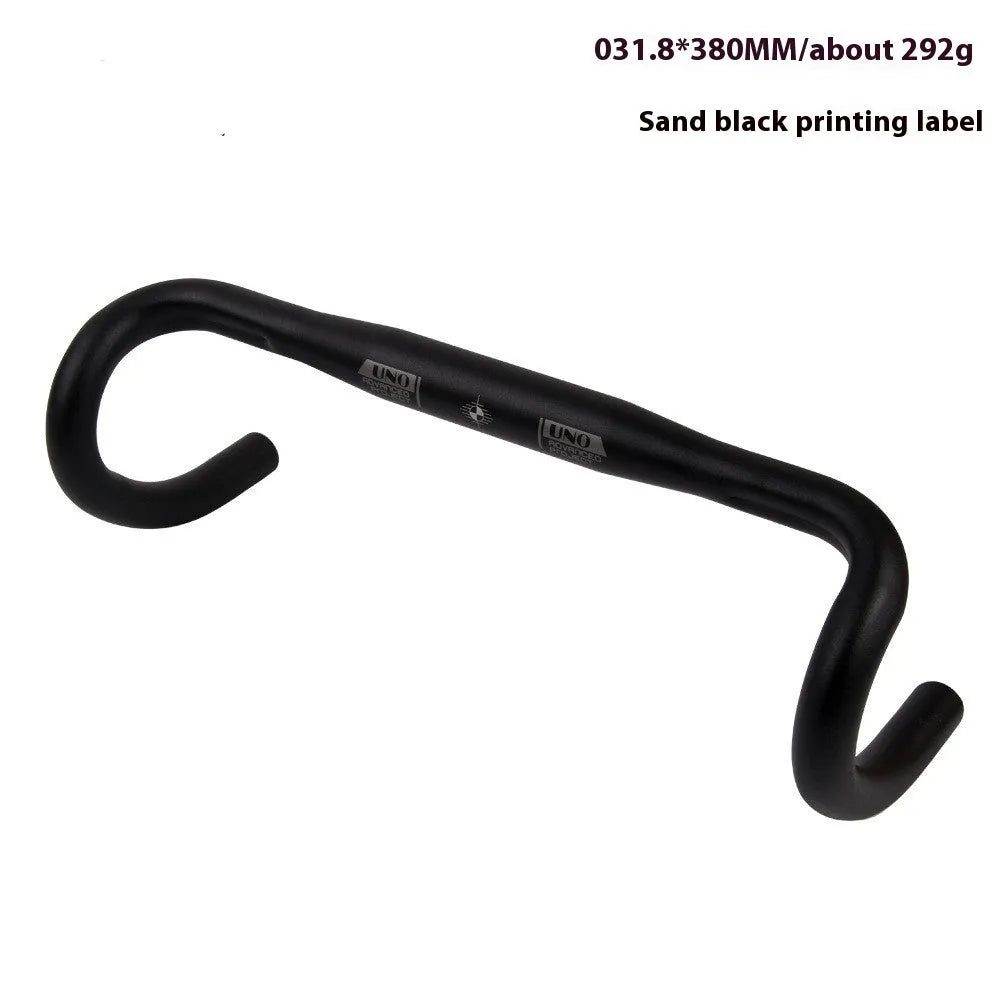 Black aluminium alloy road bike drop handlebar with printed UNO logo showing bend profile