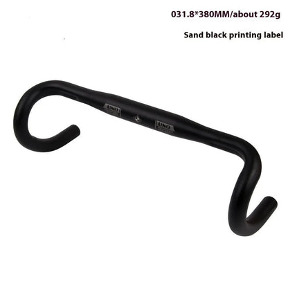 Black aluminium alloy road bike drop handlebar with printed UNO logo showing bend profile