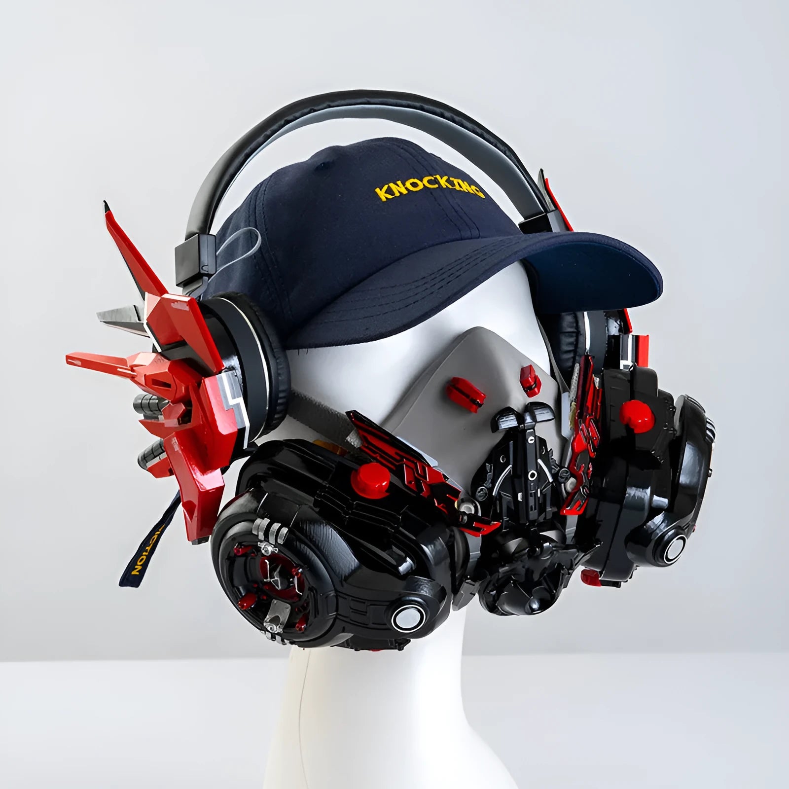Men's wireless Bluetooth headphones with tech mecha design in red, blue, pink, and white colour options