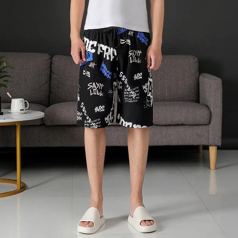 Men's loose casual beach trousers with striped pattern in quick-drying ice silk fabric