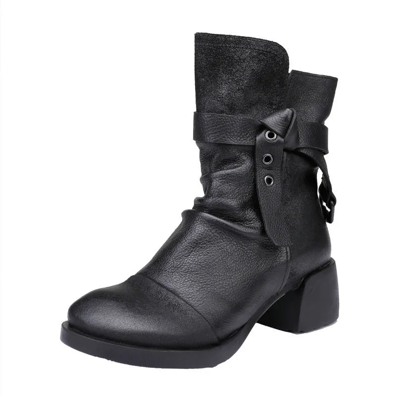 Women's black retro ankle boots with chunky heel and round toe made from genuine leather