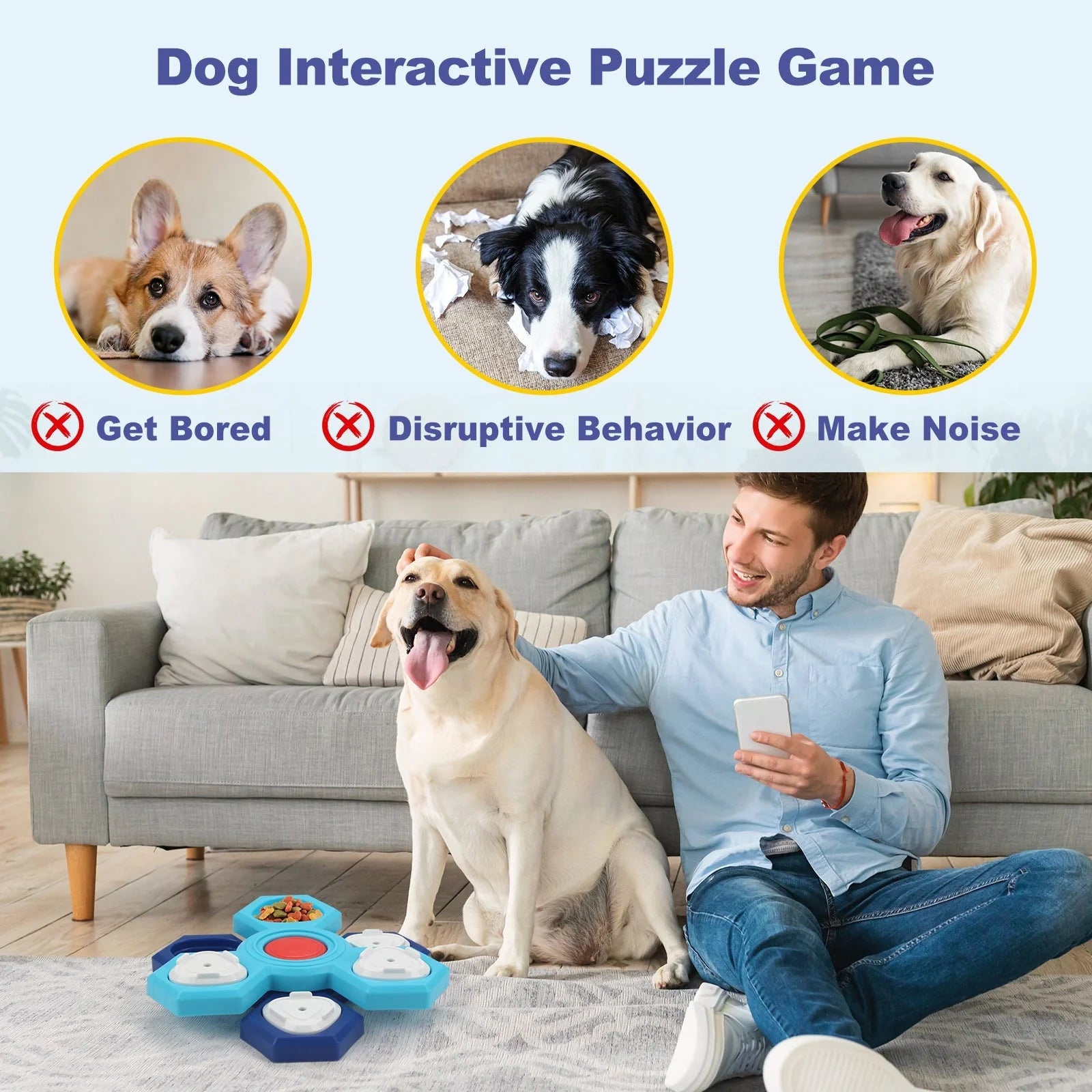 Blue 4-layer slow feeder puzzle dog bowl for mental stimulation and digestion