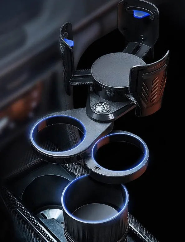 Black car cup holder with adjustable base showing retracted and extended positions